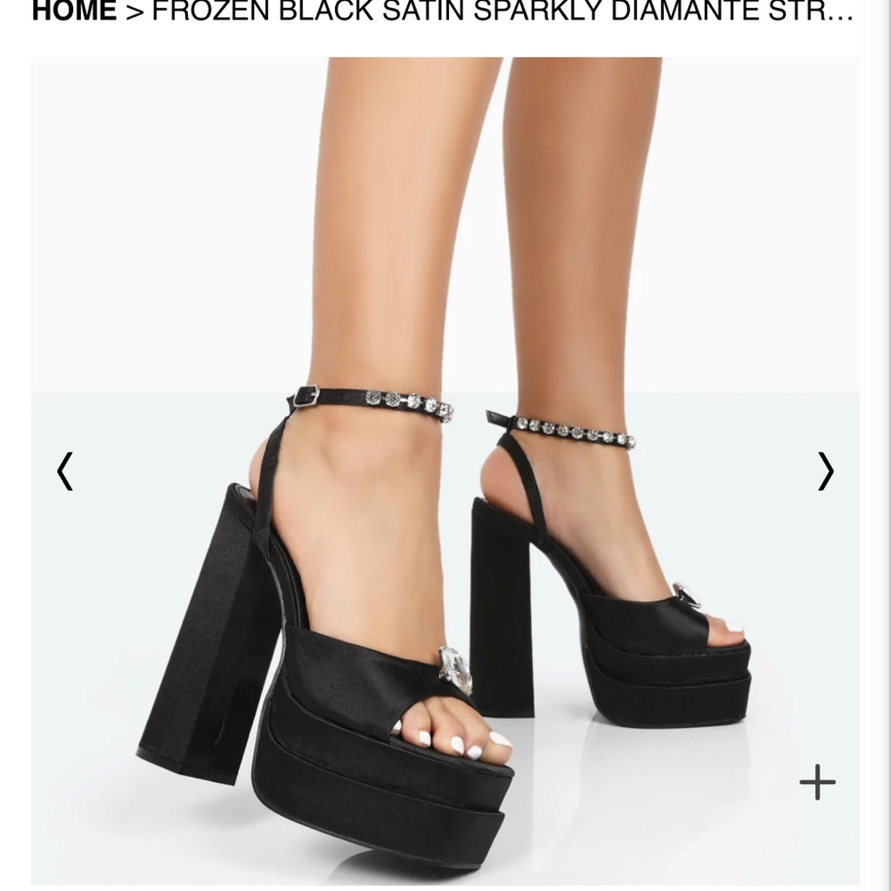 Public Desire Black Satin Diamond Open Toe Block Platform Heels